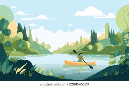 Person kayaking in a peaceful river, surrounded by lush greenery and the sounds of nature. Flat vector summer watersport illustration concept. Gadget-free vacation