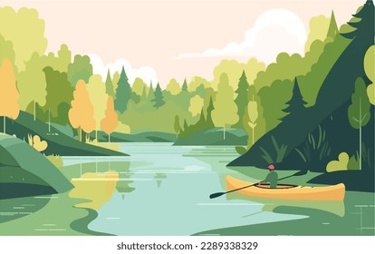 Person kayaking in a peaceful river, surrounded by lush greenery and the sounds of nature. Flat vector summer watersport illustration concept. Gadget-free vacation