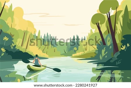 Person kayaking in a peaceful river, surrounded by lush greenery and the sounds of nature. Flat vector summer watersport illustration concept. Gadget-free vacation
