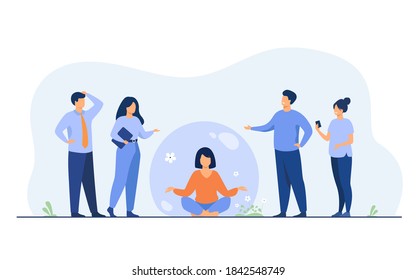 Person keeping social distance and avoiding contact. Woman separating from crowd and meditating in transparent bubble. Vector illustration for solitude or isolation concept