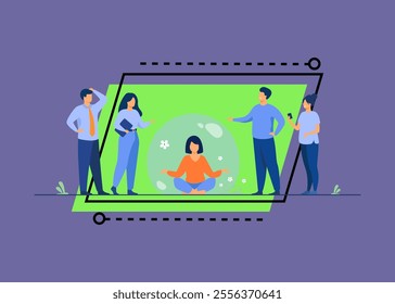 Person keeping social distance and avoiding contact. Woman separating from crowd and meditating in transparent bubble. Vector illustration for solitude or isolation concept