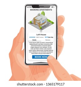 Person keeps in hand mobile phone and books apartments for his vacation  through online application in one finger tap.