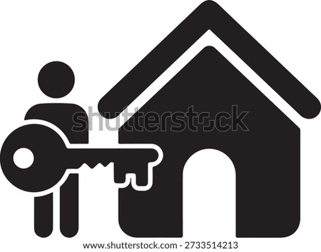 Person with key and house icon representing home ownership and real estate property transactions isolated on white background, illustration