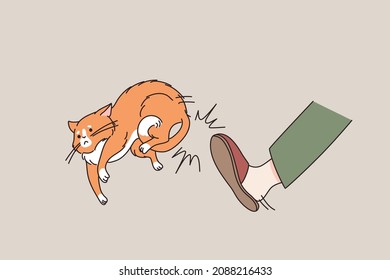 Person kick poor cat with leg, throw pet out of house. Cruel angry man beat kitty abuse domestic animal. Aggressive kitten owner show aggressive behavior. Cruelty concept. Flat vector illustration. 