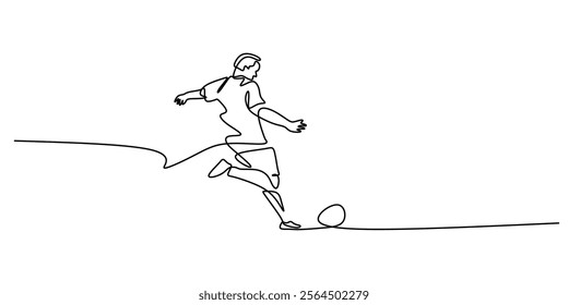 A person kicking a soccer ball, representing skill, teamwork, and athleticism in sports. One line drawing for a healthy and active lifestyle. Vector illustration hand drawn.