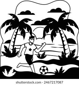 Person Kicking the Soccer Ball vector design, Nature and landscape postcard, Scenic Summer Season Vibes Sign, Idyllic Remote stock illustration, Boy playing Bocce on the Beach concept