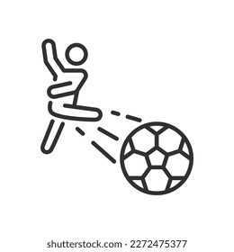 Der Mensch tritt einen Fußball, ein lineares Symbol. Linie mit bearbeitbarem Hub