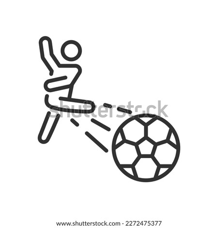 Person kicks a soccer ball, linear icon. Line with editable stroke