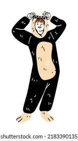 Person in kigurumi. Character dressed in jumpsuit or pajamas in form of animal. Young guy or teenager in warm bear or black and white panda costume. Cartoon flat vector illustration in doodle style