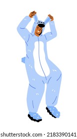 Person in kigurumi. Character dressed in jumpsuit in form of animal. Young positive man in hare or rabbit costume with ears and tail. Stylish pajamas. Cartoon flat vector illustration in doodle style