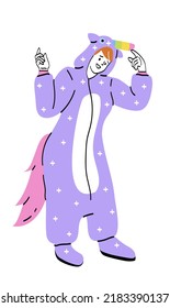 Person in kigurumi. Woman dressed in jumpsuit in form of fairy tale character. Girl in purple unicorn costume or cozy pajamas with horn, hood and tail. Cartoon flat vector illustration in doodle style