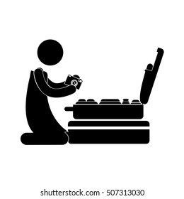 person kneeling with camera and baggage