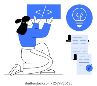 Person kneels holding a code symbol above head, beside a lightbulb representing creativity, and a document with a checkmark. Ideal for web development, coding, programming, creativity, productivity