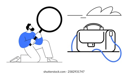 Person kneels with magnifying glass, scrutinizing a briefcase under a simplified cloudy sky. Ideal for business analysis, detective work, job search, problem-solving, scrutiny, inspection, curiosity