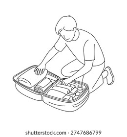 A person kneels while packing a suitcase with various travel items