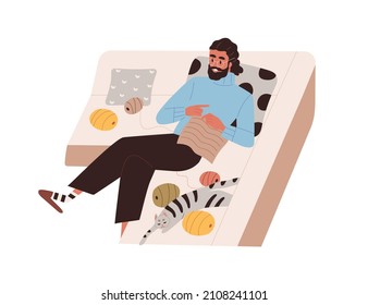 Person knitting at home. Crochet hobby. Man relaxing on sofa with yarn, needles, making handmade garment. Creative handcraft. Flat vector illustration of handicraft isolated on white background