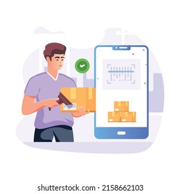 Person with label scanning machine and parcels, flat illustration 

