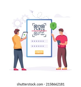 Person with label scanning machine and parcels, flat illustration 

