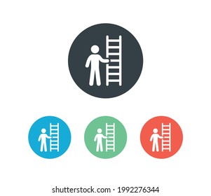 Person with ladder icon. Climbing up tool vector illustration. Button circle graphic design.