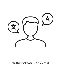 Person With Language Speech Bubbles Line Icon. Multilingual Communication And Translation Outline Symbol. Language Learning And Interpretation. Editable Stroke. Isolated Vector Illustration.