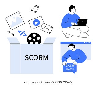 Person with laptop, another holding cash back sign, content file icons emerging from a box labeled SCORM. Ideal for eLearning, digital content, technology integration, online courses, interactive