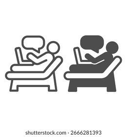Person with laptop in bed line and solid icon, work from home concept, worker, speech bubble vector sign on white background, outline style icon for mobile concept and web design. Vector graphics