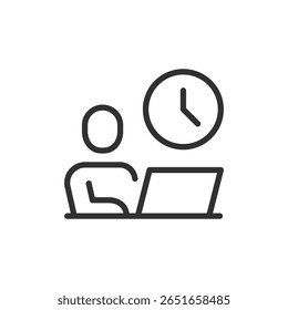 Person with laptop and clock, linear icon. Time tracking in remote work. Line with editable stroke.