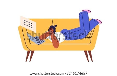 Person with laptop computer on sofa. Black woman lying on couch, chatting online, reading internet message, communication. Girl freelancer and PC. Flat vector illustration isolated on white background