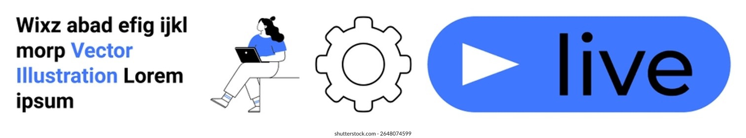 Person with laptop, gear icon, blue play button with live text. Ideal for technology, online streaming, digital content, work from home, user interface, productivity, video production. Landing page