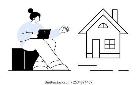 A person with a laptop gestures towards a simple drawing of a house. Ideal for real estate, remote work, online meetings, home office, and modern lifestyle. Minimalist, clean, contemporary
