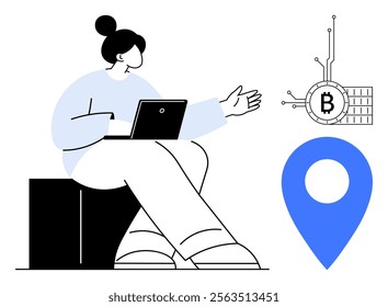 Person with laptop gesturing towards a Bitcoin symbol connected by lines, with a blue location marker nearby. Ideal for finance, technology, digital currencies, blockchain, online transactions