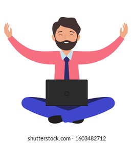 A person with a laptop is happy about success. The happy office worker is smiling and triumphant. The man with the beard and shirt and tie was successful.