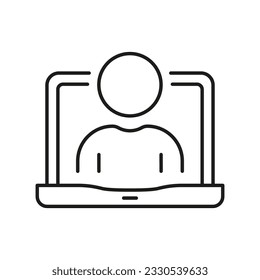 Person in Laptop Line Icon, Online Video Conference. Computer User, Business Network Linear Pictogram. Remote Employee Outline Symbol. Editable Stroke. Isolated Vector Illustration.