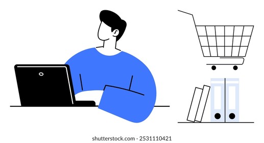 Person at laptop next to shopping cart with files and books. Ideal for online shopping ecommerce work from home technology digital marketing education learning. Modern minimalist style