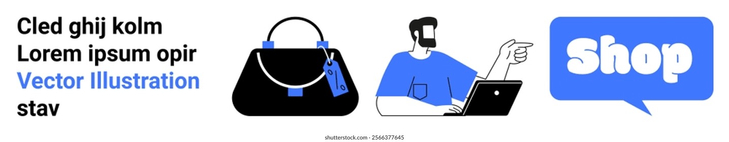 A person with a laptop points at a speech bubble with the word Shop near a handbag, on a white background Ideal for online shopping e-commerce digital marketing advertising technology and retail