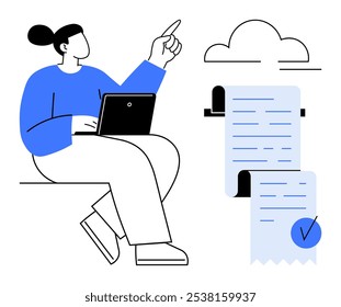 A person with a laptop points upwards beside a cloud and a checklist with a checkmark. Ideal for productivity, organization, cloud computing, technology, task management. Simple minimalist vector