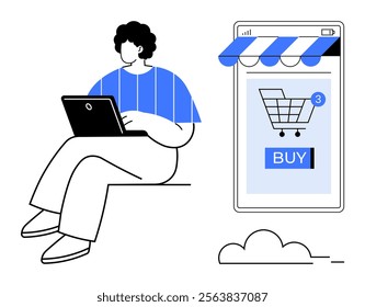 A person with a laptop sits beside a giant mobile screen displaying an online store. Ideal for e-commerce, online shopping, digital marketing, mobile apps, web development. Modern, minimalist, clean