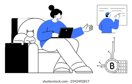 Person with laptop sitting on a couch next to a cat. Another person in the background drawing on a whiteboard. Bitcoin symbol with chart. Ideal for remote work, online learning, digital currency