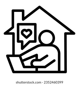 Person with laptop stay at home line icon, social distancing concept, Self quarantine sign on white background, Work from home to avoid virus icon outline style. Vector graphics.