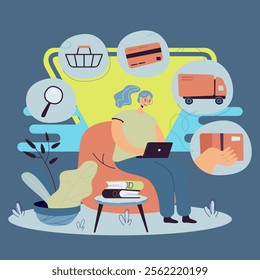 Person with laptop using online app for ordering food from grocery store or restaurant. Vector illustration for ecommerce, home delivery, courier service concept