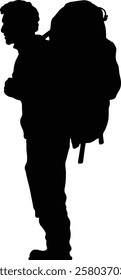 A person with a large backpack, standing and facing away, is depicted in a striking black silhouette.