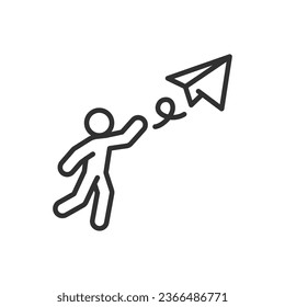 Person launches a paper airplane, linear icon. Line with editable stroke