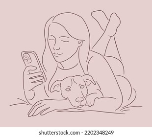 Person Laying On The Bed, Cuddling Dog And Watching Videos On Smartphone. Contour Sketch Of Woman Doomscrolling Social Media And Cuddle With Puppy. Chill At Home With Pets, Introvert Party