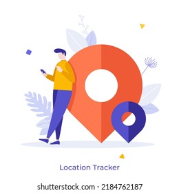 Person leaning on map pin and using smartphone. Concept of mobile application for location tracking, navigation, search for route, direction or address. Modern flat vector illustration for banner.