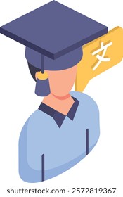 person learning Chinese isometric vector icon, International Language Day symbol, Translation Services sign, Plurilingualism and Multilingualism today illustration, linguists avatar concept