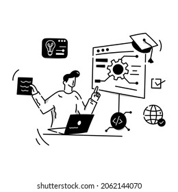 Person learning online IT course, hand drawn Illustration 
