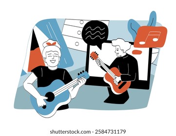 A person learns guitar online with a virtual instructor on a screen. The student smiles while playing in a cozy home setting. Concept of e-learning