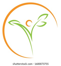 Person, leaves and sun, health and fitness logo