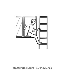Person leaving the building through a window on the ladder due to a fire accident hand drawn outline doodle icon. Fire accident vector sketch illustration for print, web, mobile and infographics.