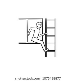 Person leaving the building through a window on the ladder due to a fire accident hand drawn outline doodle icon. Fire accident vector sketch illustration for print, web, mobile and infographics.